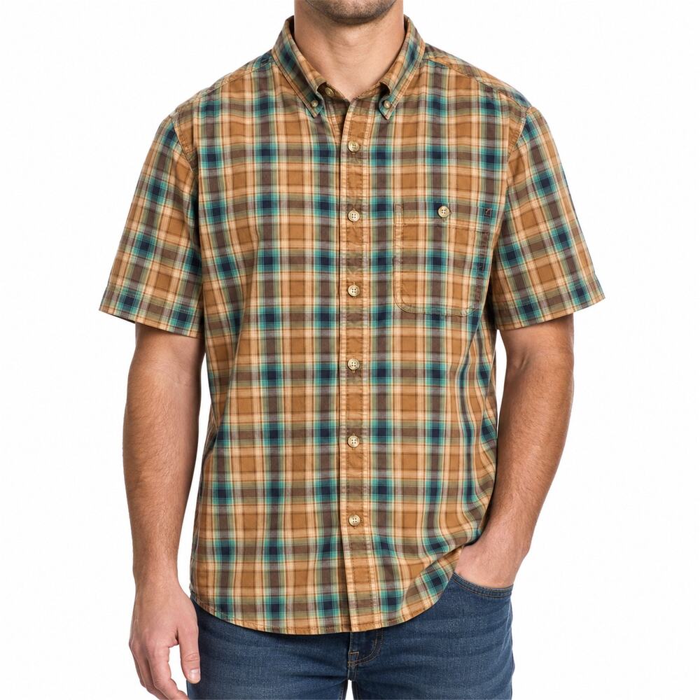 Duluth Trading Co Shirt Mens Medium Brown Green Plaid Button Down Relaxed Fit